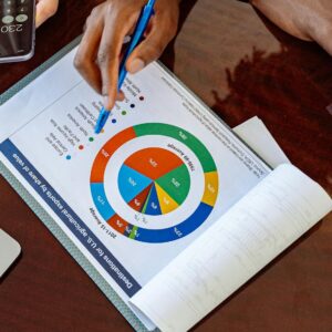 Two business professionals discussing financial documents and strategies at an office desk.